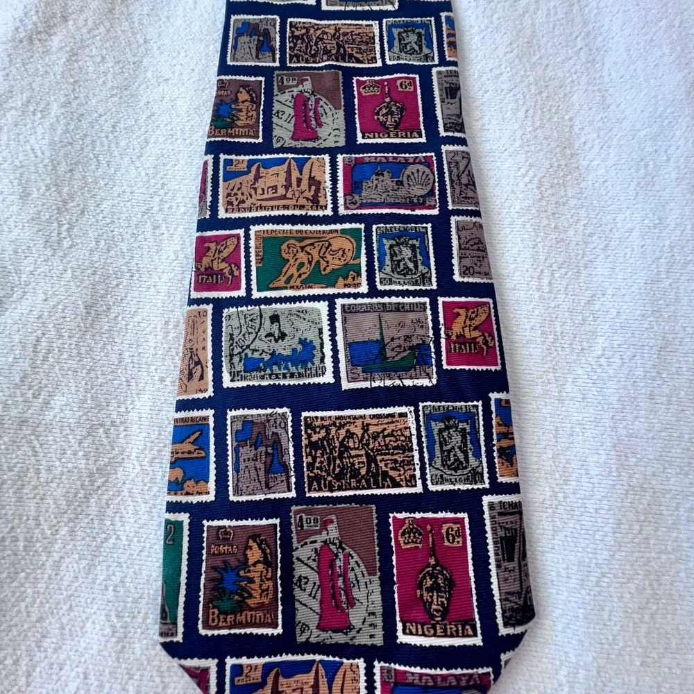 Alynn Mens Silk Tie International Stamp Collection Navy Blue Vintage Postage USA